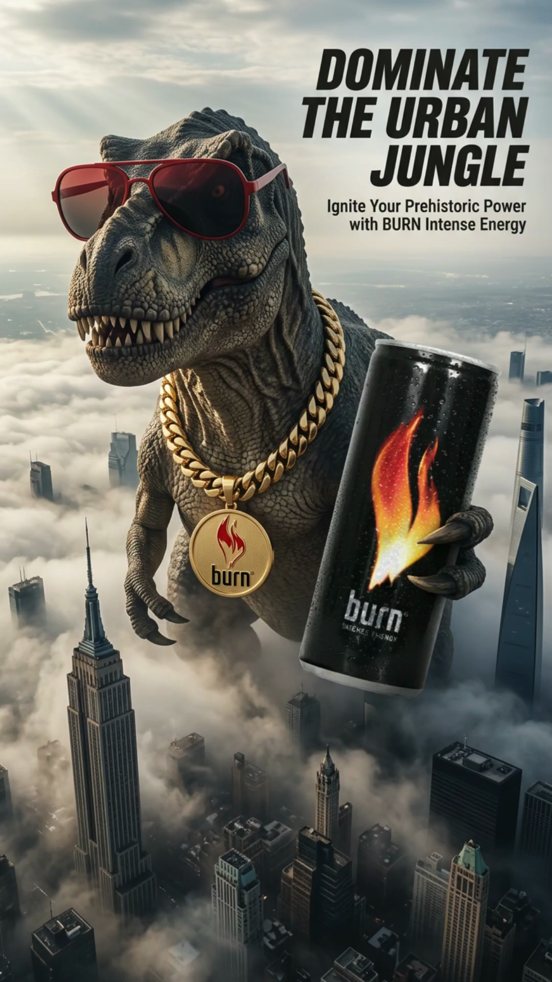 Funny Dinosaur AI Product Poster – Epic Brand Ad Creative