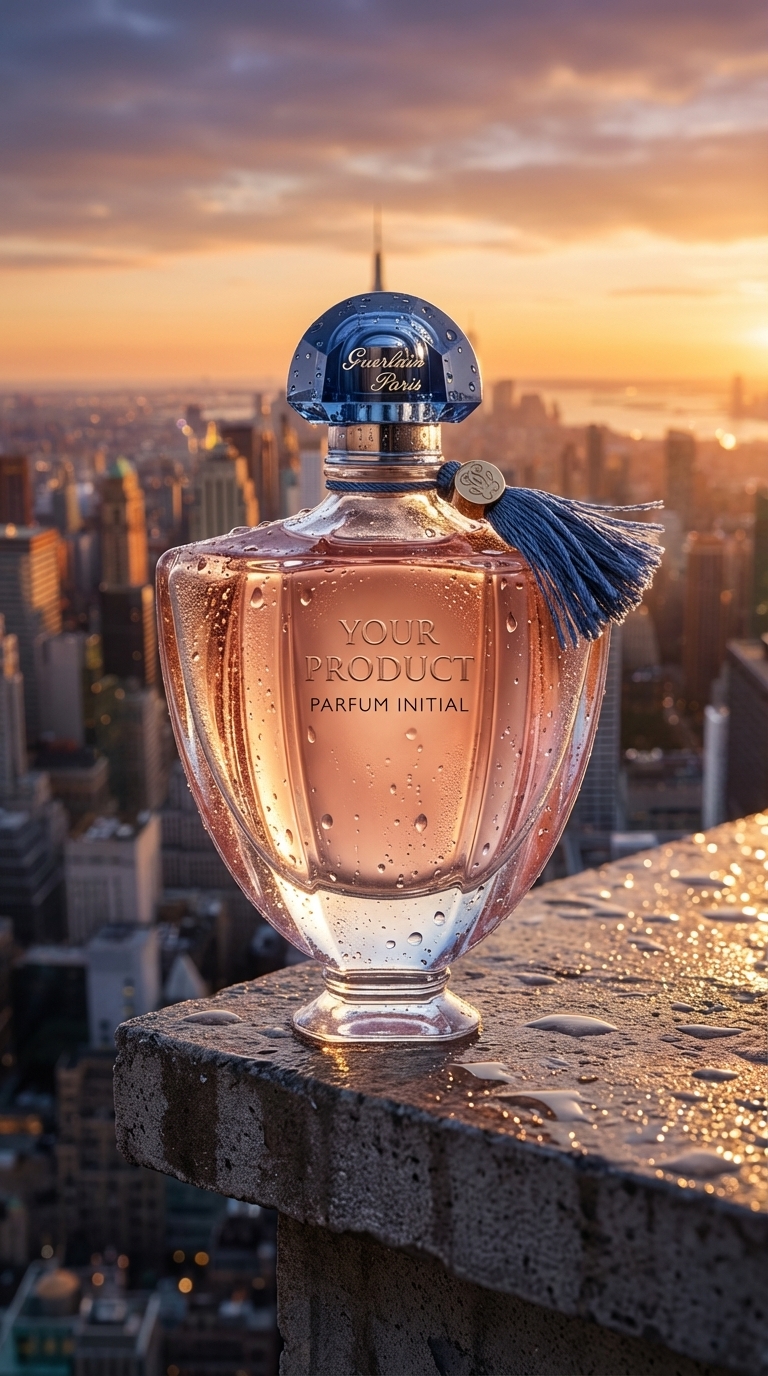 City Skyline Rooftop AI Product Photography with Wet Surface Sunrise Commercial Style
