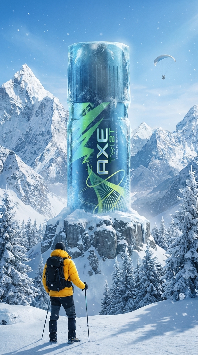 Himalayan Traveler Encountering a Giant Frozen Product – AI Product Photography