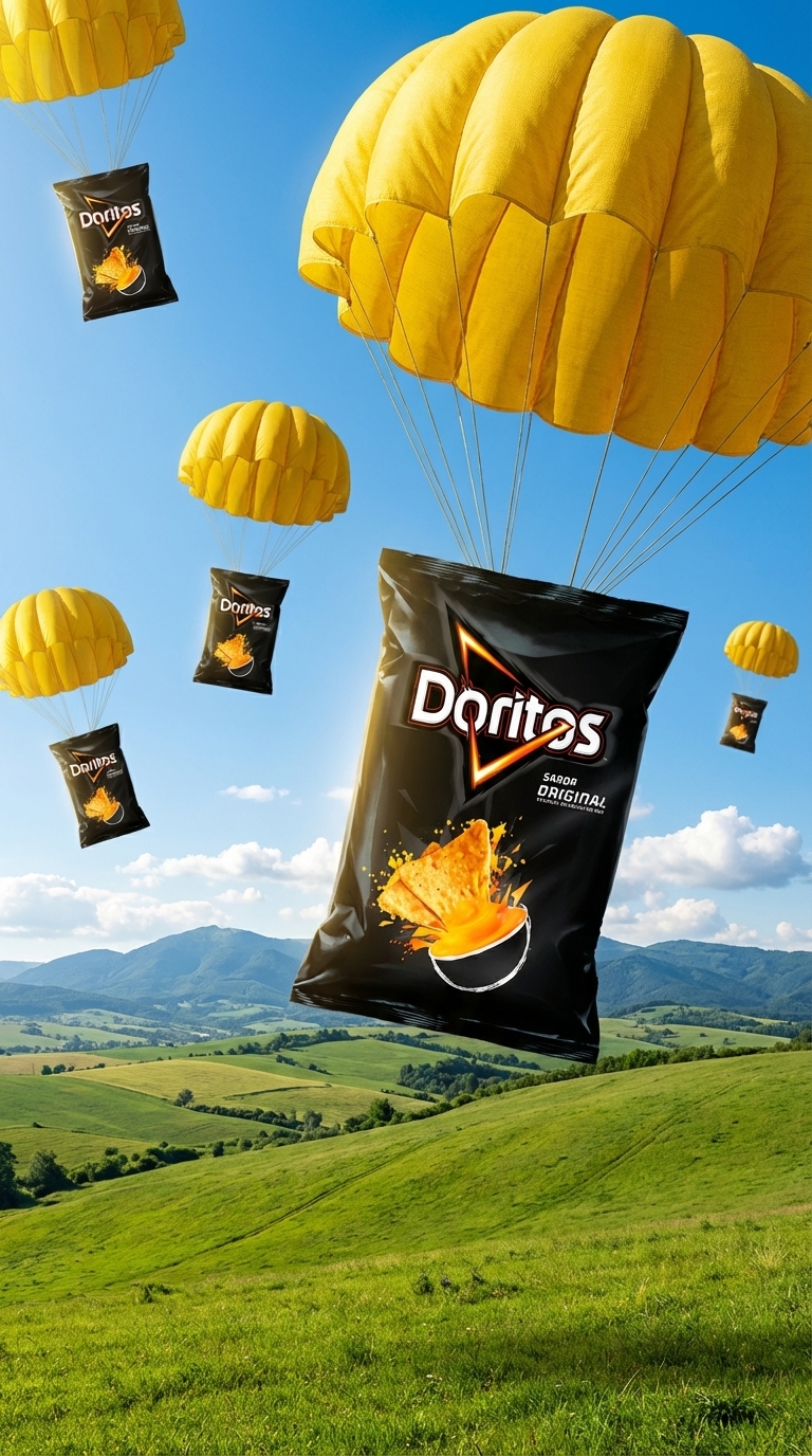 Product Parachute Drop AI Product Photography over Green Meadows