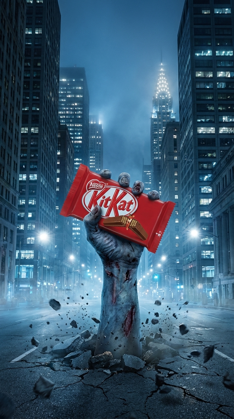 Zombie Hand Rising AI Product Photography with Spooky City Night Mood